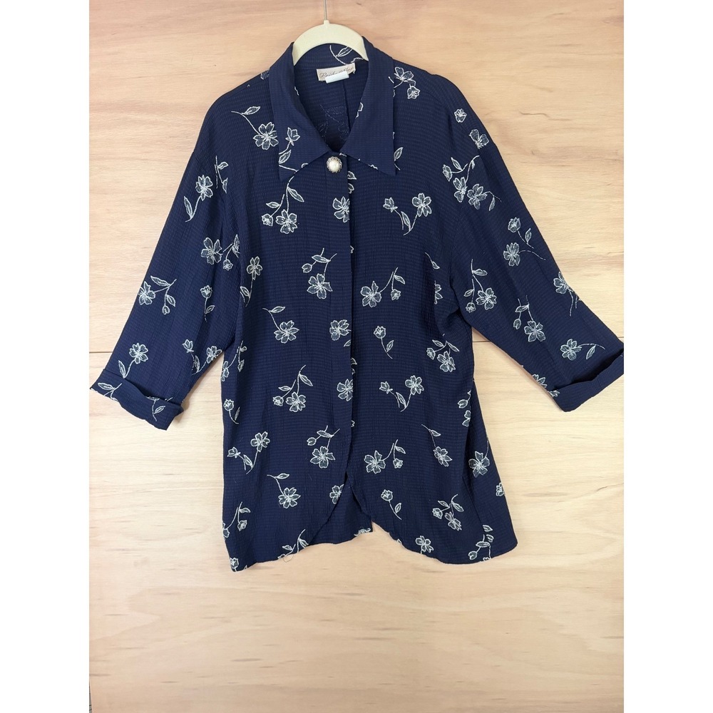 Pride & Joy Navy Blue Floral Embroidered Blouse Vintage Made in USA Size 14M